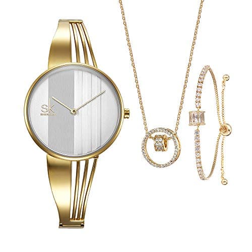 SK SHENGEKE Women Watches Sets White Leather Gift Box for Women Gifts Necklace Bracelet Watch Sets for Ladies (62-GD-DZ004-SL006)
