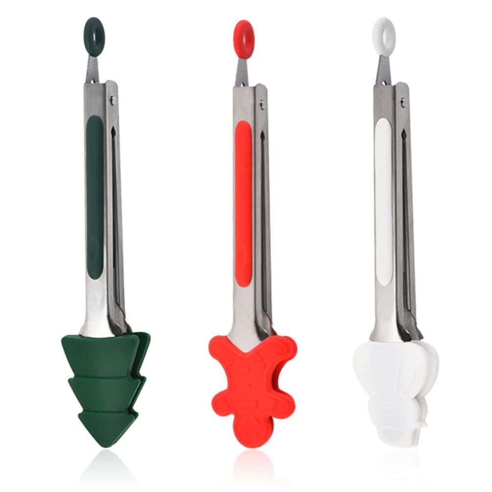 Yardwe 3pcs Christmas Food Tongs Stainless Steel Cooking Tongs with Silicone Xmas Tree Snowman Gingerbread Shape Tips Non Stick BBQ Cooking Tong Cookware for Food Grill Salad Frying