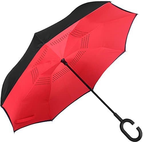 Hemico Double Layer Inverted Reverse Folding Windproof UV Protection Big Straight Umbrella with C-Shaped Handle(RED Color)