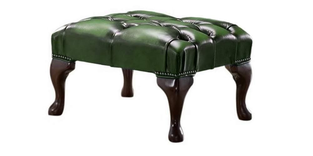 Handmade Chesterfield Footstool – Antique Green Genuine Leather – Queen Anne Mahogany Legs – Large Upholstered Footstool – Button-Tufted Classic British Style – Real Wood Frame