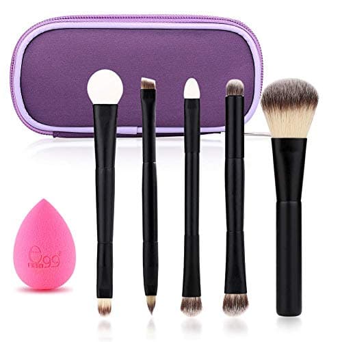 Black Egg Portable Travel Makeup Brush Set Face Eye Blush Powder Angled Kabuki Foundation Concealer Makeup Brushes Kit with Blender Sponge and Brush Cleaner (5 PCS Black)