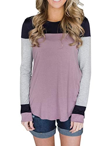 Minthunter Women's Long Sleeve Crew Neck Cute Tunic Color Block Tops Purple