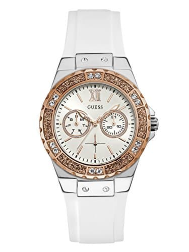 GUESS Women's Stainless Steel + Stain Resistant Silicone Watch with Day + Date Functions
