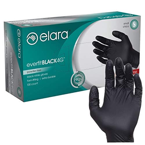 Elara FNE401BK EverfitBLACK4G Nitrile Disposable Gloves, 4 mil, Black, Powder Free, Food Safe, Non-Latex, Size Small, Box of 100, (Model: FNE401BK-100)
