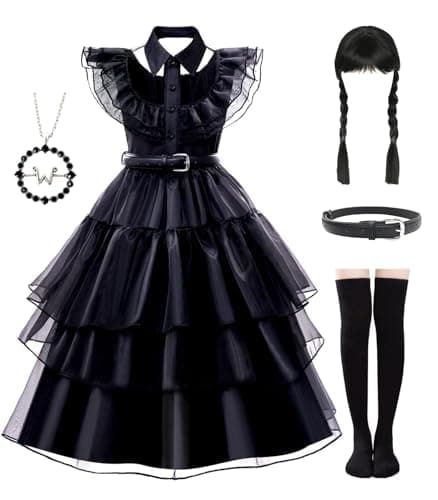Black Dress Up Costume - Dress Up Clothes for Little Girls with Wig, Necklace, Belt & Socks - Ideal for Halloween