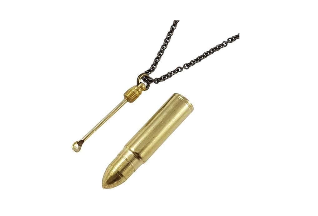 Secret Bullet Snuff Spoon Capsule Pendant Necklace Safe Stash Gold