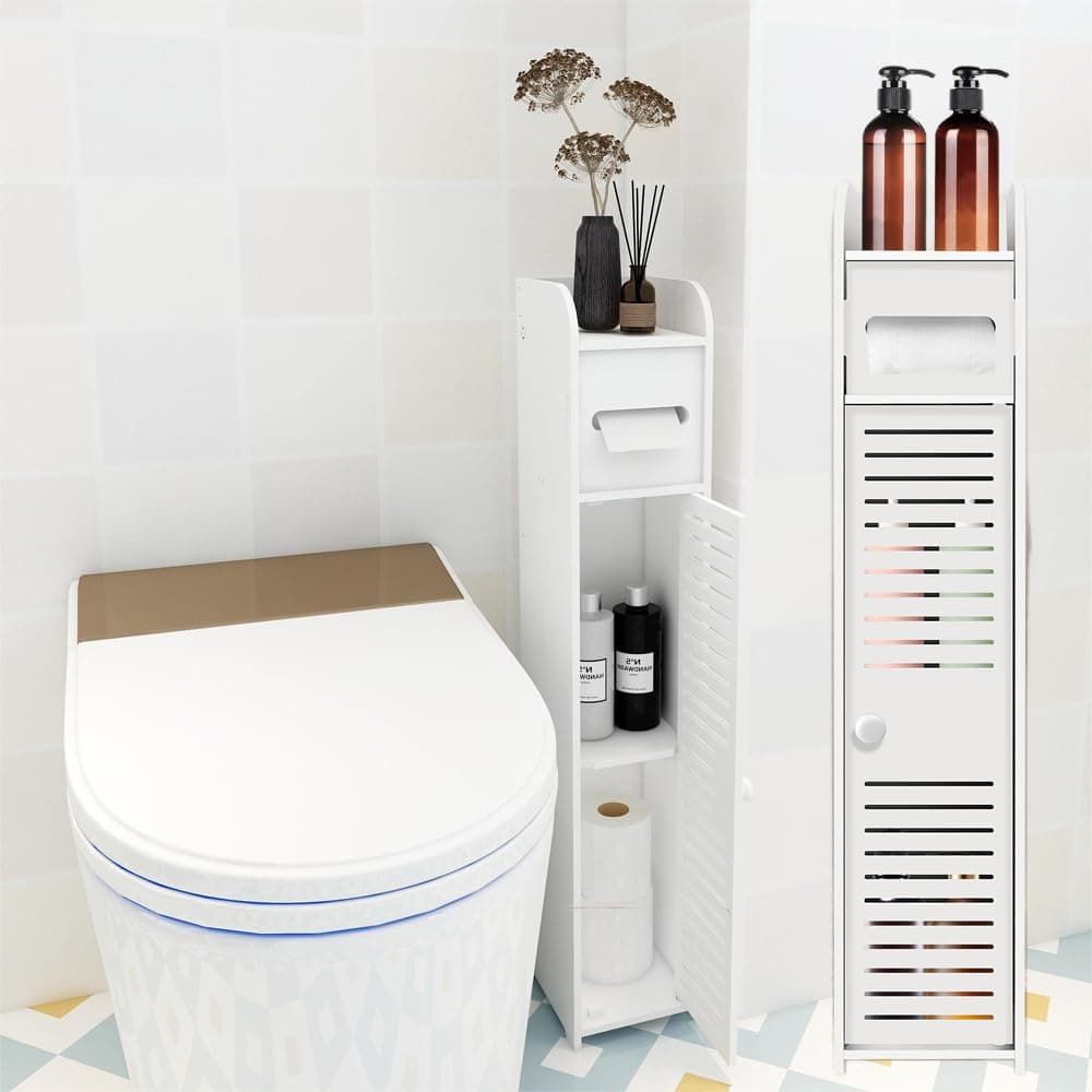 Waterproof Bathroom Cabinet,FreeStanding White Home Storage Floor Standing Cabinets,with Daily Use Layer and 1 Cupboard Door,Multi-purpose Cabinet for Store Toilet Paper,Books,Shampoo