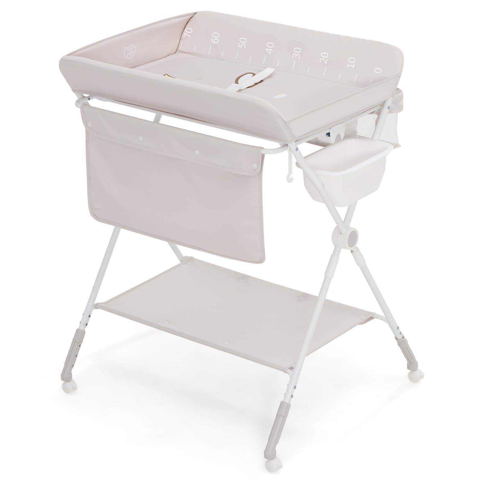 Maxmass Baby Changing Table, Folding Diaper Changing Unit with Storage Basket, Water Basin and Lockable Wheels, Newborn Care Station Diaper Organizer (Beige)