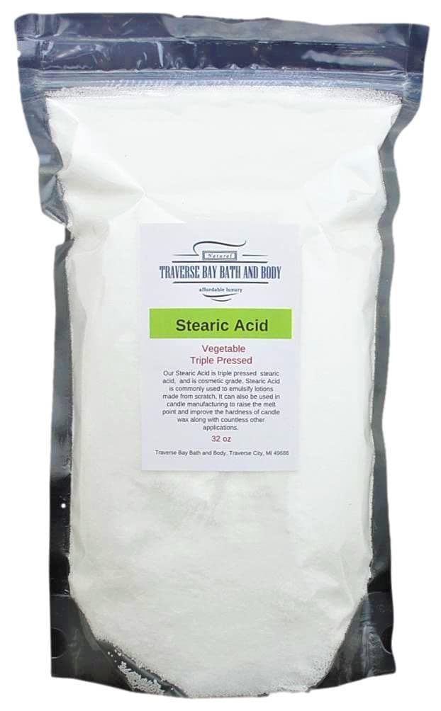 Traverse Bay Bath and Body Stearic Acid 32 oz. vegetable base triple pressed cosmetic grade Resealable stand-up moisture barrier pouch made in the USA.
