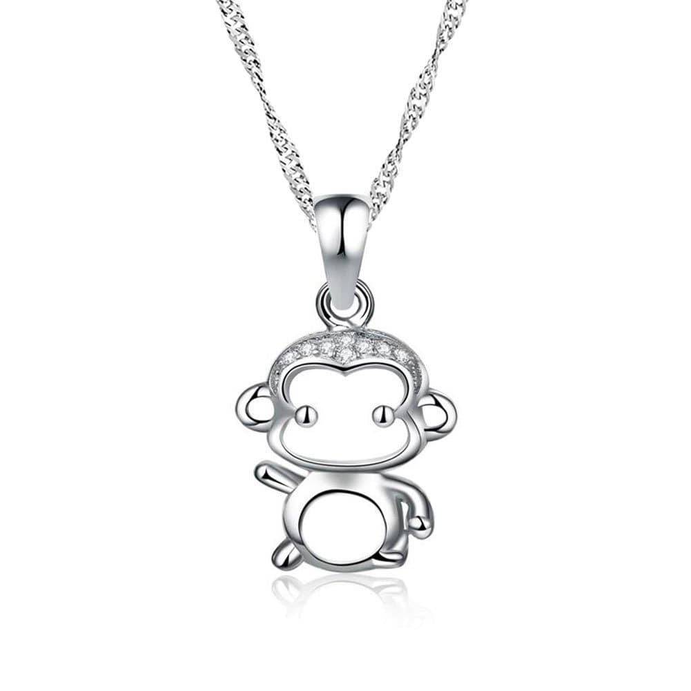 LuckyJewelry Cute Monkey Charm Pendant Sterling Silver Chain Necklace for Mom Girl 18