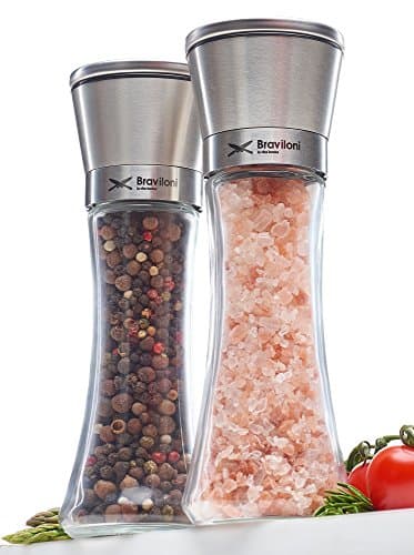 Braviloni Salt and Pepper Glass Grinder Set with Adjustable Ceramic, Brushed Stainless Steel