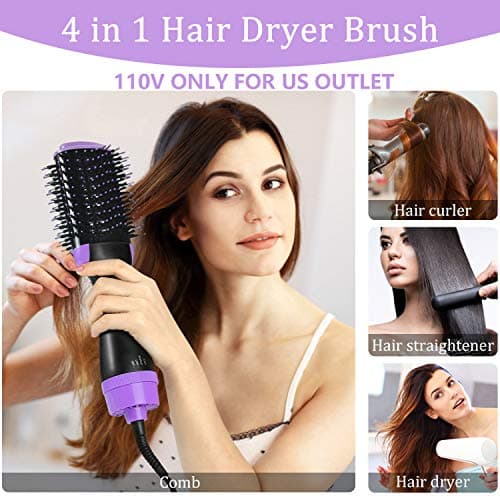 Hair Dryer Brush, ASOGO One Step Hair Dryer & Volumizer，4 In 1 Negative Ion Hot Air Brush for Drying & Straightening & Curling, Salon Ceramic Electric Rotating Blow Dryer Brush(Purple 110V US outlet)