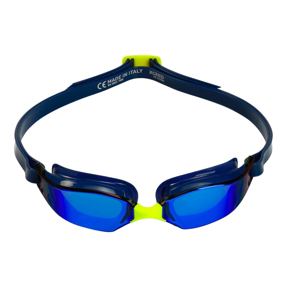 Aqua Sphere XCEED Adult Swim Goggles - Curved Lens Technology, Adjustable Nose Bridge - Ideal Partner for Performance Swimmers - Blue Titanium Mirror Lens / Navy Frame