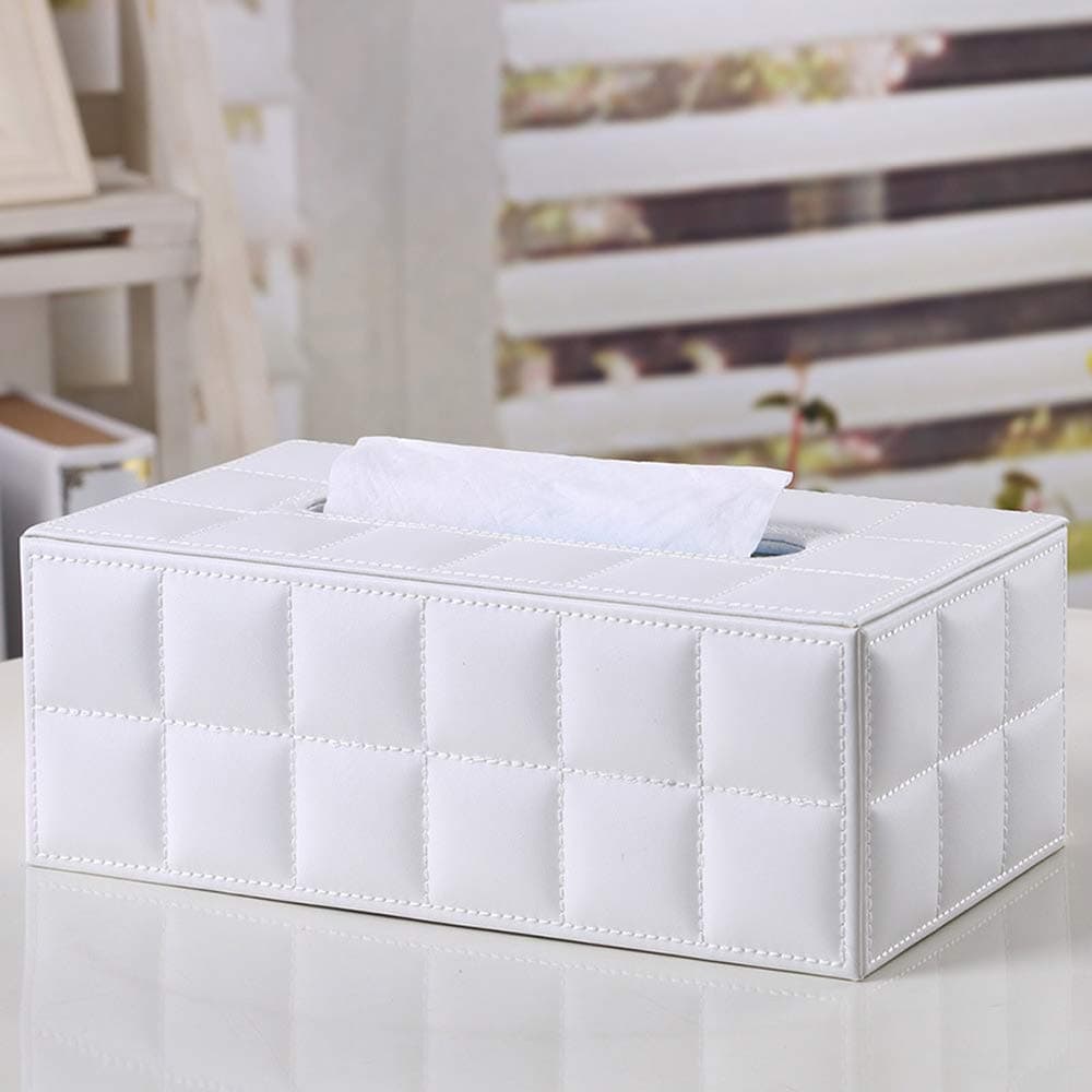 Leather Tissue Box Holder - Waterproof Rectangular Tissue Box Cover Vintage Napkin Paper Holder for Home,Office&Car Decor (White-1)