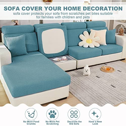 2025 New Wear-Resistant Universal Sofa Cover, Stretch Couch Cushion Slipcovers Replacement, Anti-Slip L Shape Sofa Covers, Chaise Lounge Sofa Slipcover (Weave Sea Blue,Large Triple Seat Cover)