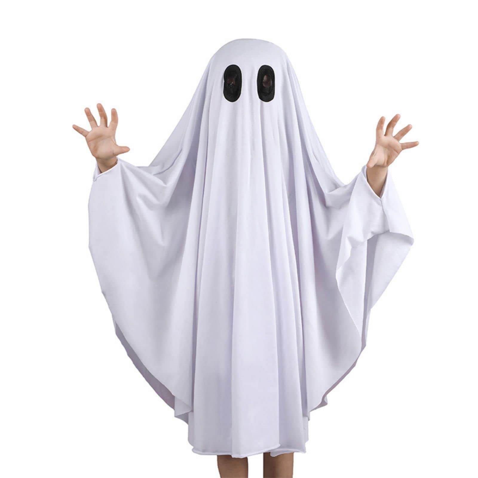 Noubeau Unisex Kid Ghost Costume Girl Halloween Fancy Dress Cosplay Boy White Boo Ghost Cloak Child Spooky Trick-or-Treating(White,5-7 Years)