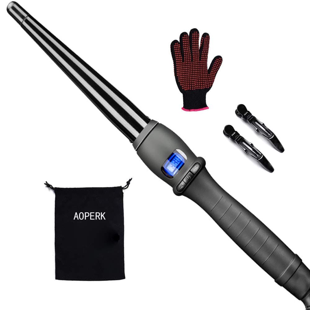 AOPERK Curling Wand - Tapered Clipless Curling Tong with ½ to 1 Inch Tourmaline Barrel - Professional Salon Hair Curler, Cool Tip LCD Display Auto Shut Off Dual Voltage Storage Pouch Heat Glove