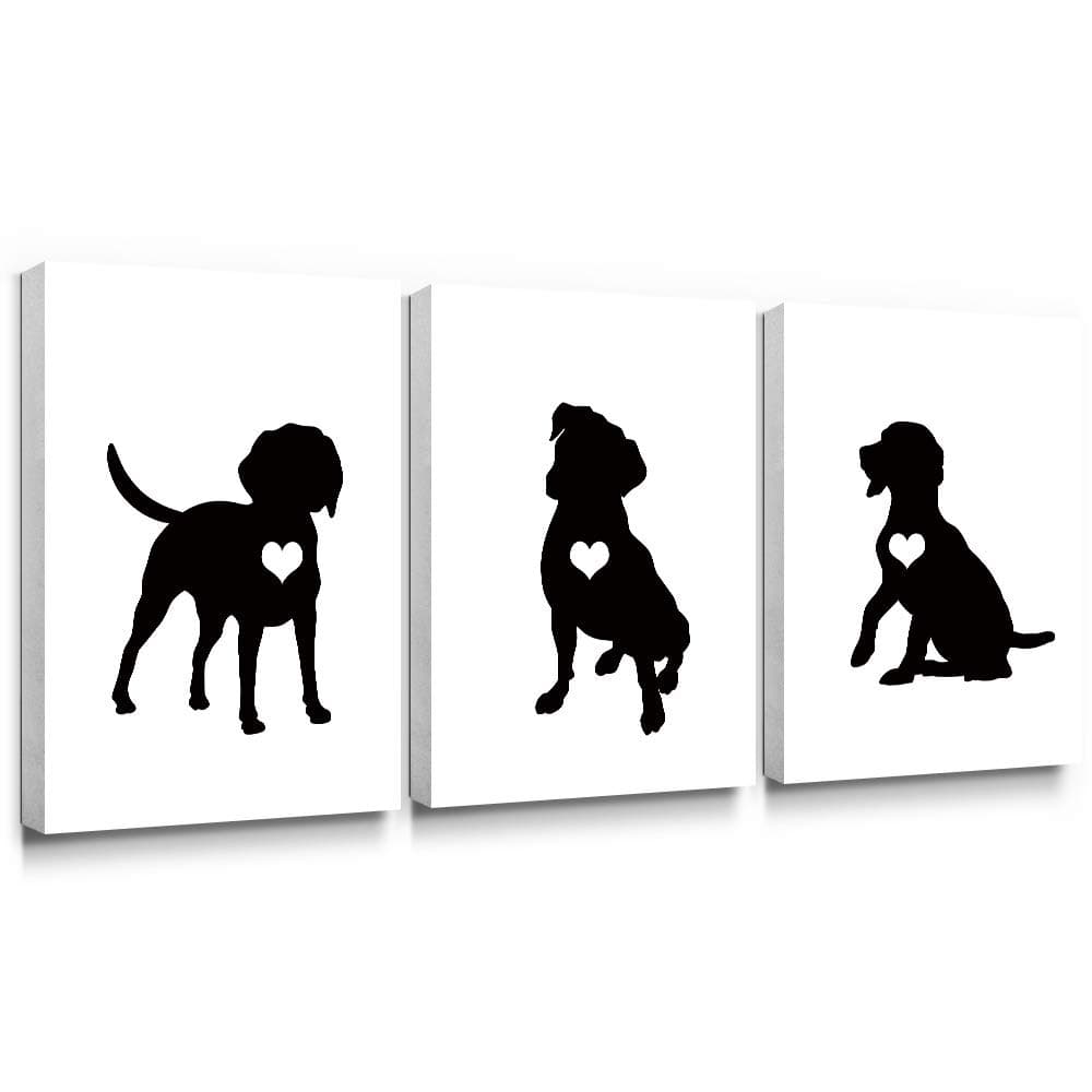 SUMGAR Black and White Wall Art Bedroom 3 Piece Modern Canvas Paintings Animal Prints Dog Silhouette Pictures Bathroom Artwork Set Nursery Puppy Lover Pet Gifts Home Decorations,12x16 inch