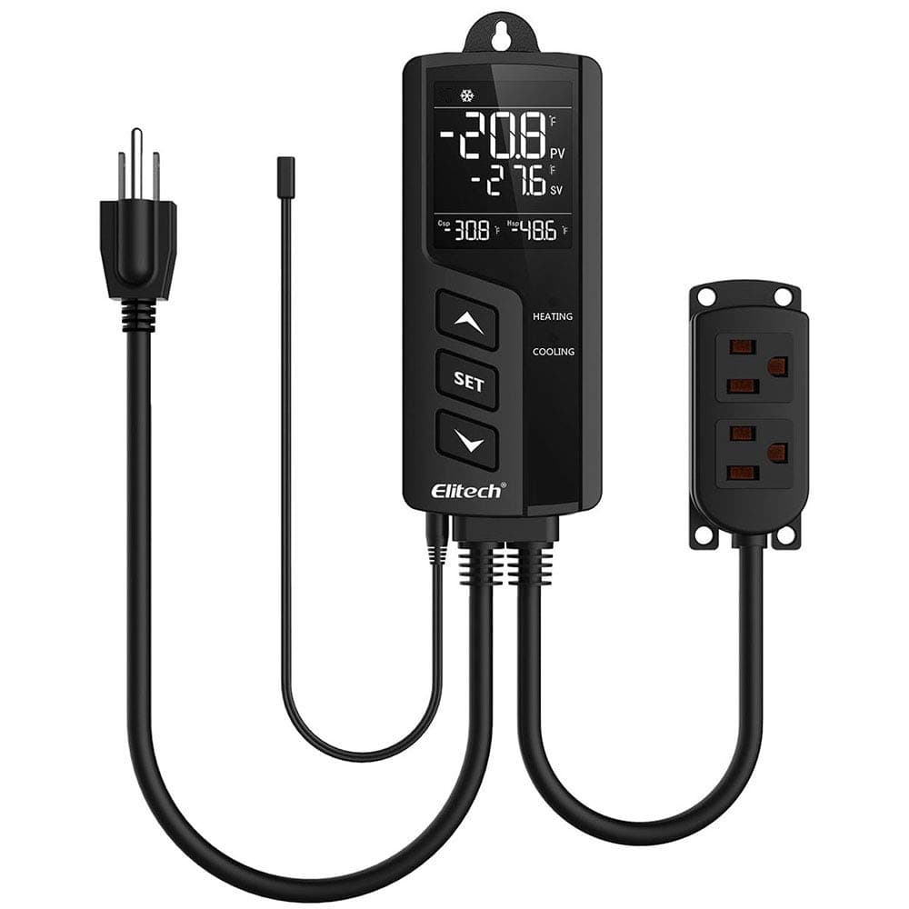 Elitech STC-1000 Pro Digital Temperature Controller Thermostat US Socket, Two Pre-Wired Heating and Cooling Outlets, Centigrade/Fahrenheit LCD Display, Plug Sensor, 49°F-239°F 110V 100-250V 10A 1200W