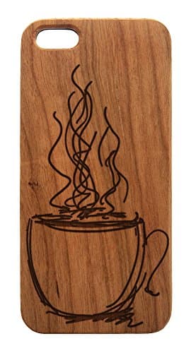 Genuine Cherry Wood Organic, Cup Of Coffee, Coffee Lover Snap-On Iphone Cover, Laser Engraved Wood Case for iPhone 5 & 5S