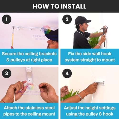 Skywave Luxury Deluxe Heavy Rust Proof Stainless Steel Ceiling Clothes Dryer Hanger with UV Protected Nylon Ropes Individual dropdown, Clothes Drying Rack for Balcony PVC Bracket (EPVC 6 PIPES 6 FEET)