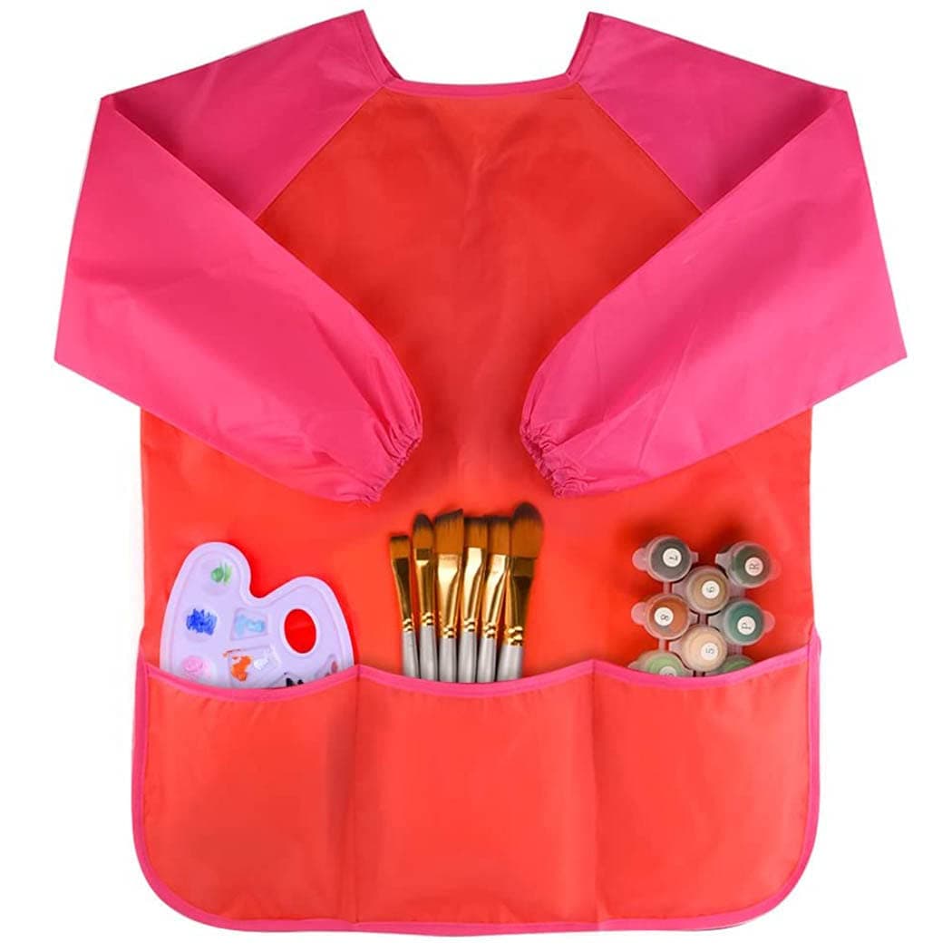Qniceone Aprons for Kids Art Smocks Toddler Smock Waterproof Artist Painting Aprons Long Sleeve with 3 Pockets for Age 2-6 Years Gifts (Paints and brushes not included) (Red)