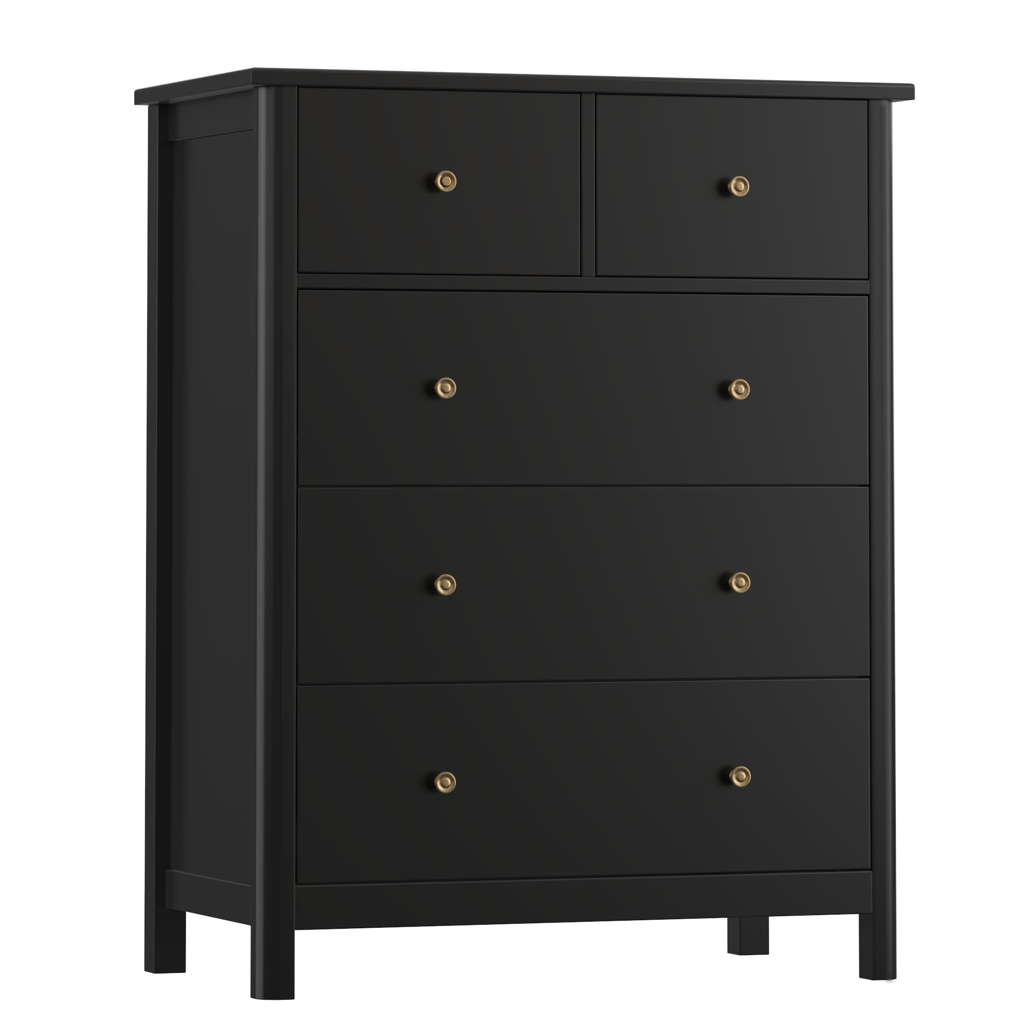 HOUSUIT Dresser with 5 Drawers, Tall Chest of Drawers, 5 Drawer Dresser with Deep Space, Wood Storage Cabinet for Living Room, Hallway, Office, Black