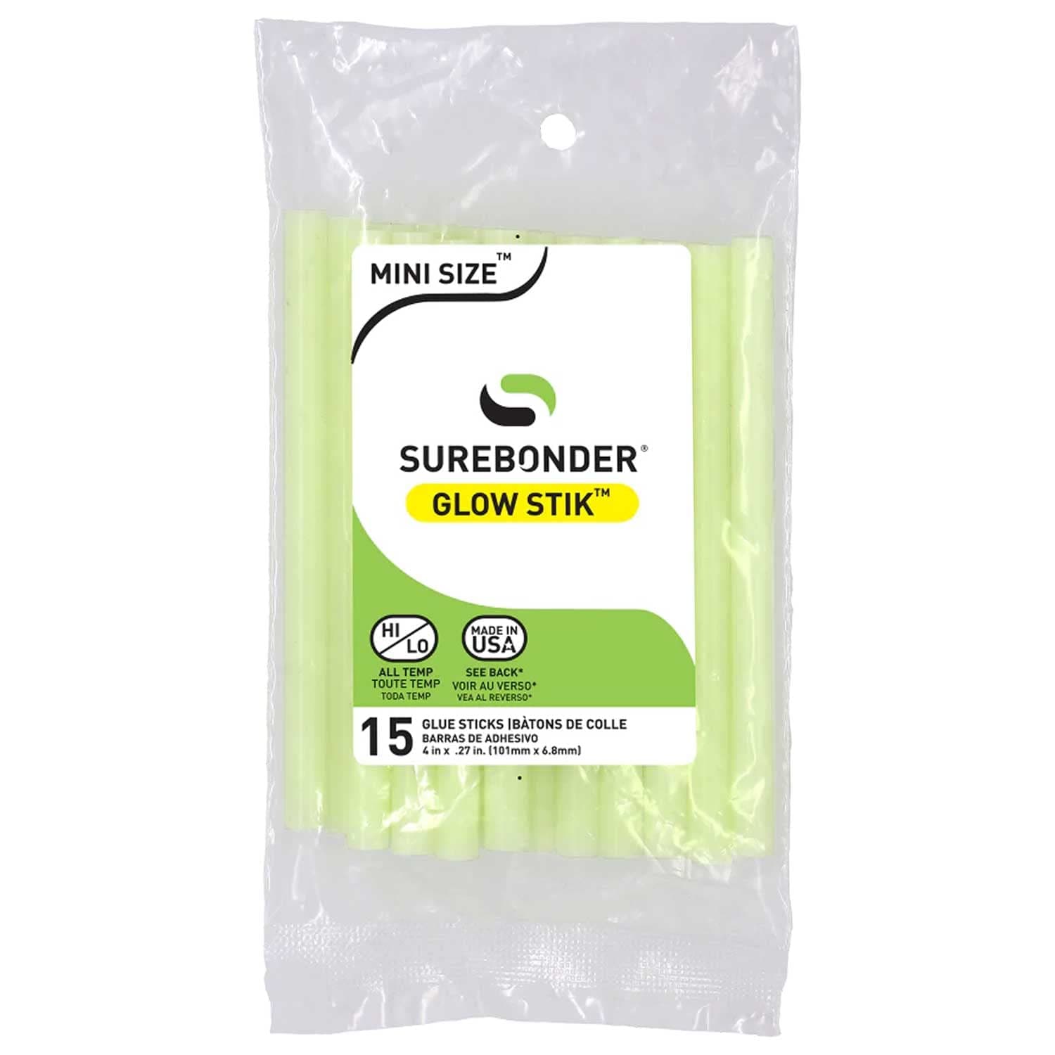 Surebonder GS-15 Glo StikGlow Temp Mini Glue Stick-15 Sticks-4" Length 5/16" Diameter, Glow-in-The-Dark, 15 Count