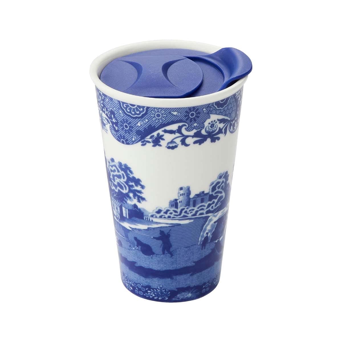 Blue Italian 8oz Porcelain Travel Mug with Lid – Scenic Patterned Drinkware with Decorative Border - Portable Ceramic Coffee Cup for Brunch, Tea, On-the-Go Hot Beverage Moments