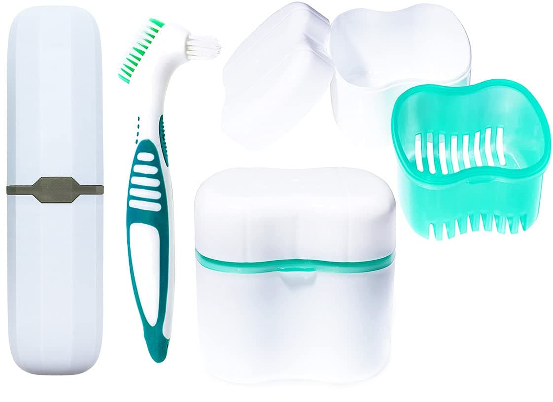 smillsu Denture case, cup bath, toothbrush with dentures and portable container basket holder (Green), 3 Piece Set