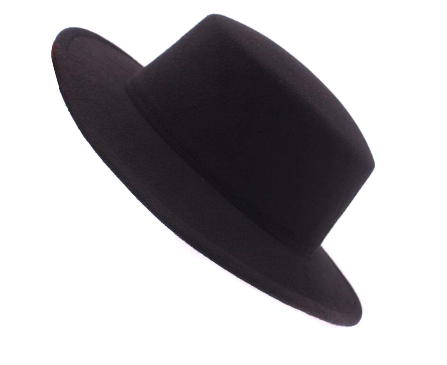 Fashion Classic Black Wool Blend Fedora Hat Brim Flat Church Derby Cap for Head Circumference 22-22.8in