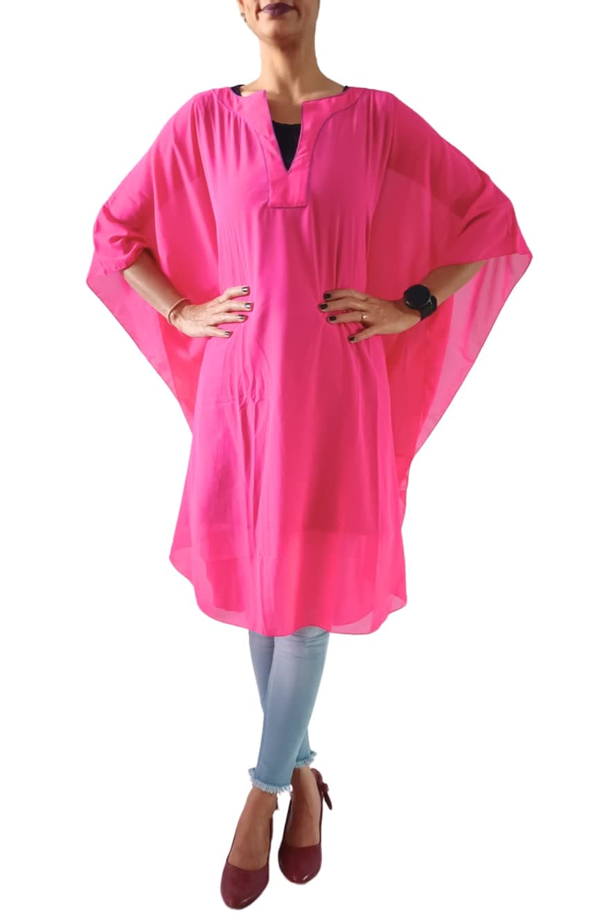 SUN-ROSE FASHIONSGeorgette Rani Pink loose fit Plus size Short Kaftan Dress |Thread work on Neckline |Beach cover up | One Size fits all