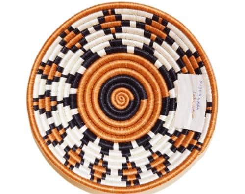 African Basket Rwanda - 8 Inches Diameter - Sisal, Sweetgrass Basket - Handmade From Africa - Cinnamon Brown, Black, White, SRB114