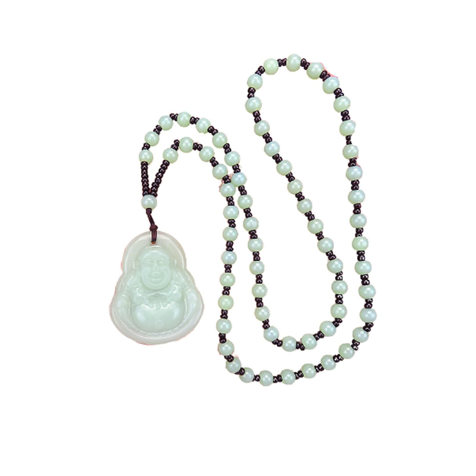 Laughing Buddha Pendant Necklace Green Black Imitation Jade Buddha Guanyin Crystal Beaded Rope Chain Gemstone Lucky Amulet Jewelry for Women Men-Light Green Buddha