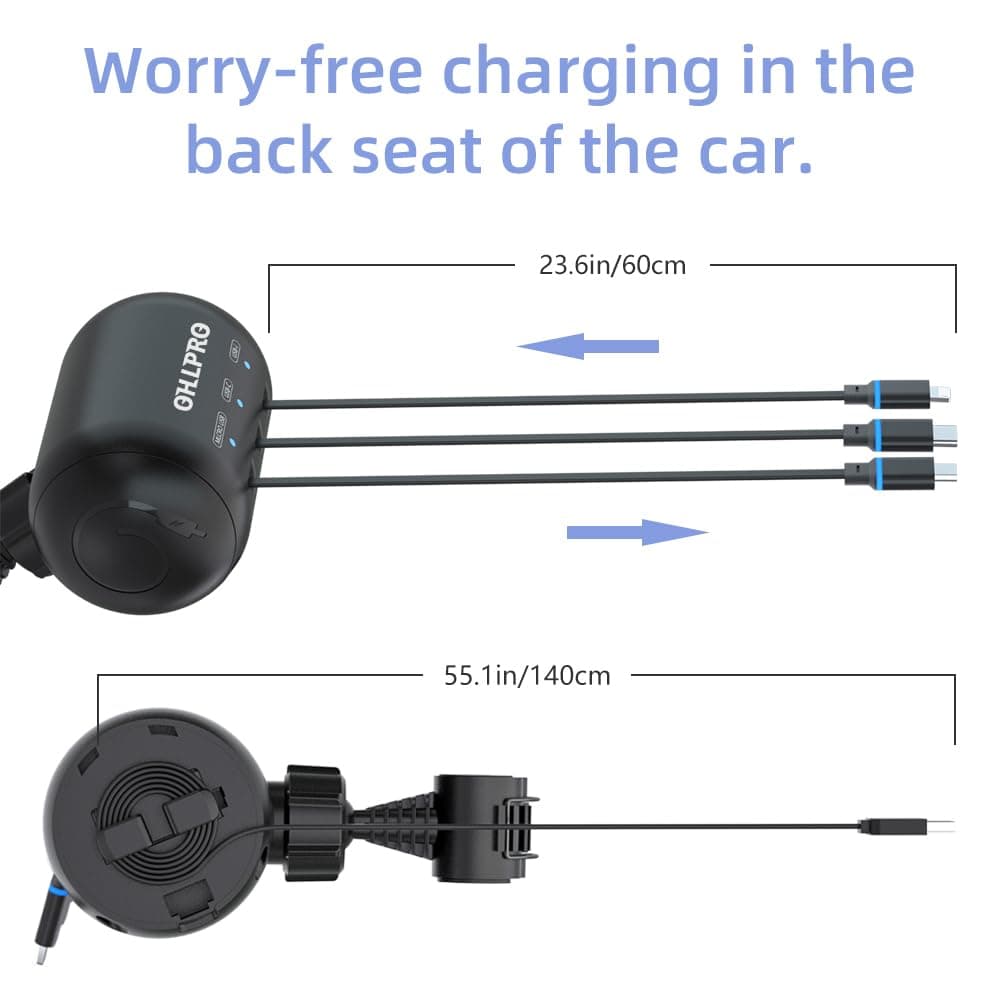 Multi Car Retractable Backseat 3 in 1 Car Charging Station Box Compatible with All Phones | iPhone | Samsung | Uber Taxi Lyft Turo Ride Share Customer Charging Dock Attach to Headrest