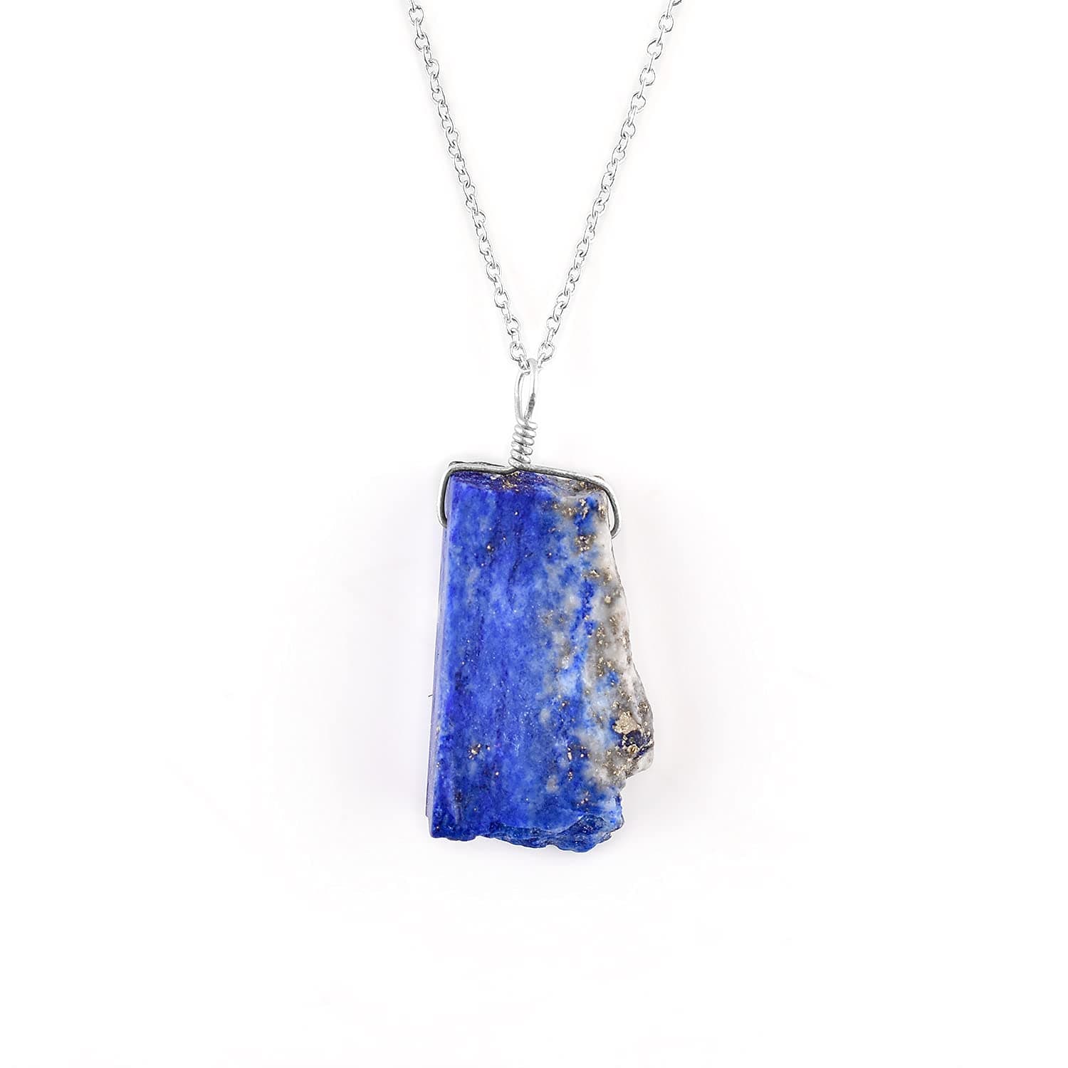 Raw Blue Lapis Lazuli Gemstone Dainty Pendant Necklace Women Jewelry for Her, Rough Crystals, Birthstone, Healing Stones, Rhodium Plating 925 Sterling Silver 18 inch, Yoga & Meditation Rough
