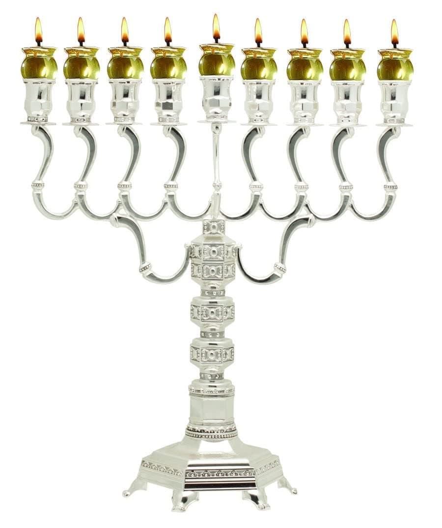 Ner Mitzvah Silver Plated Oil Menorah - Fits Standard Chanukah Oil Cups and Large Candles - Olive Branches - 14.5" High