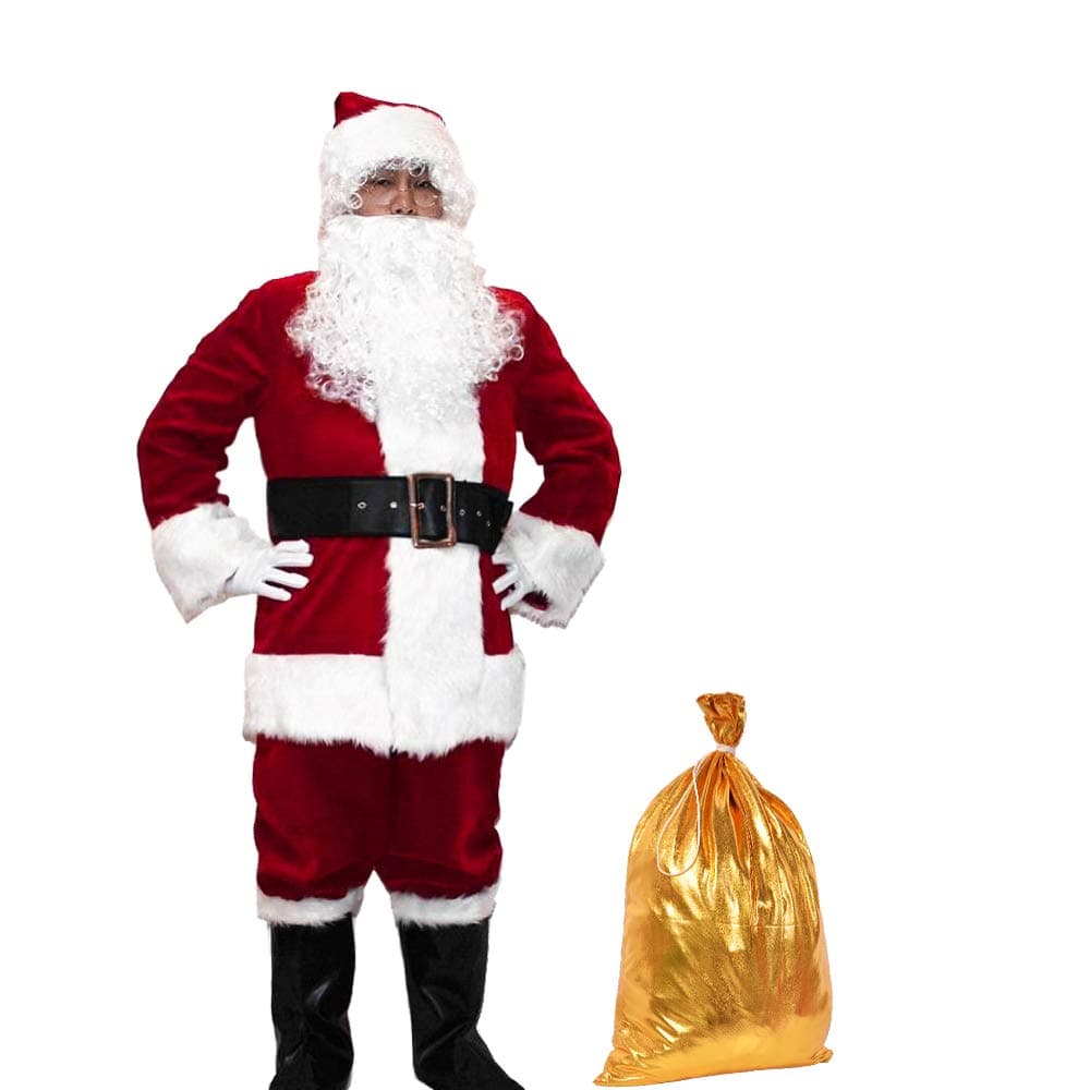 Deluxe Santa Costume Adult Men Santa Claus Suit Set Christmas Party Cosplay Outfits 10 pcs