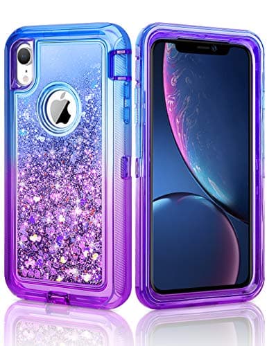 CHEERINGARY Case for iPhone XR Case Flowing 3D Quicksand Liquid Glitter iPhone XR Case Heavy Duty Shockproof 3 in 1 Hard PC Case Gradient Nonslip TPU Bumper Cover for iPhone XR 6.1 Inches, Blue Purple