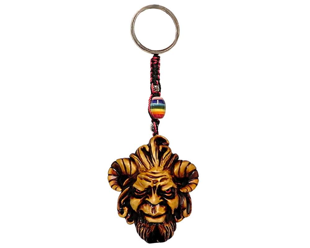 Evil Pan Goat Man Fantasy Handpainted Figurine Dangle Handmade Keychain Multicolored Braided Macramé Bead Silver Keyring Hanging Ornament Charm Car Bag Accessory, Tan, One size
