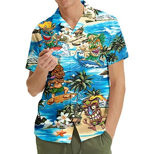 MOOLEY Tropical Tiki Hawaiian Shirt for Men, Summer Aloha Button Down Shirt Men, Mens Hawaiian Shirts Short Sleeve S4