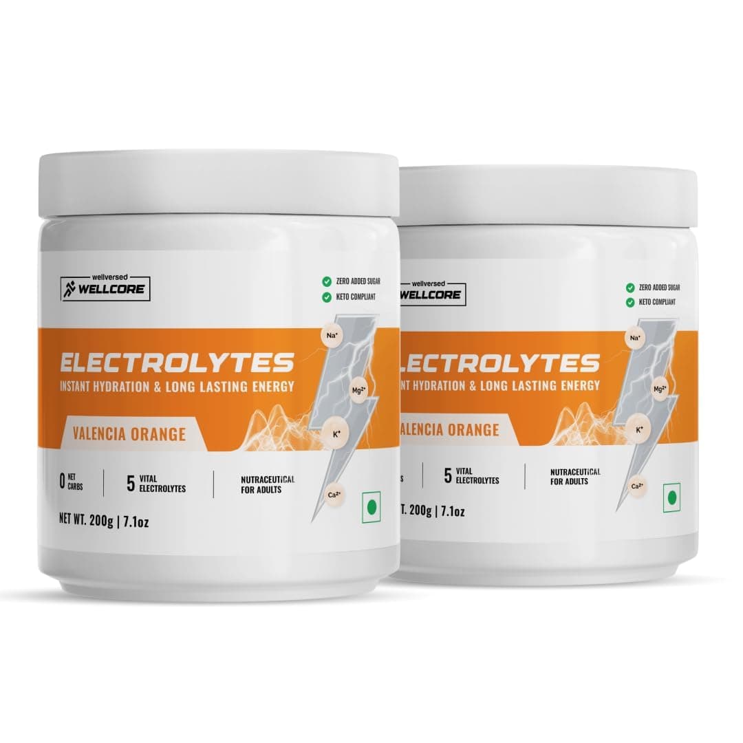 Wellcore Electrolyte Powder (80 Servings, 400gm) | Valencia Orange | Drink With 5 Vital Electrolytes: Na, Mg, Ca, K, PO4 | Sugar Free Electrolyte | Instant Energy & Hydration Solution | Pack of 2
