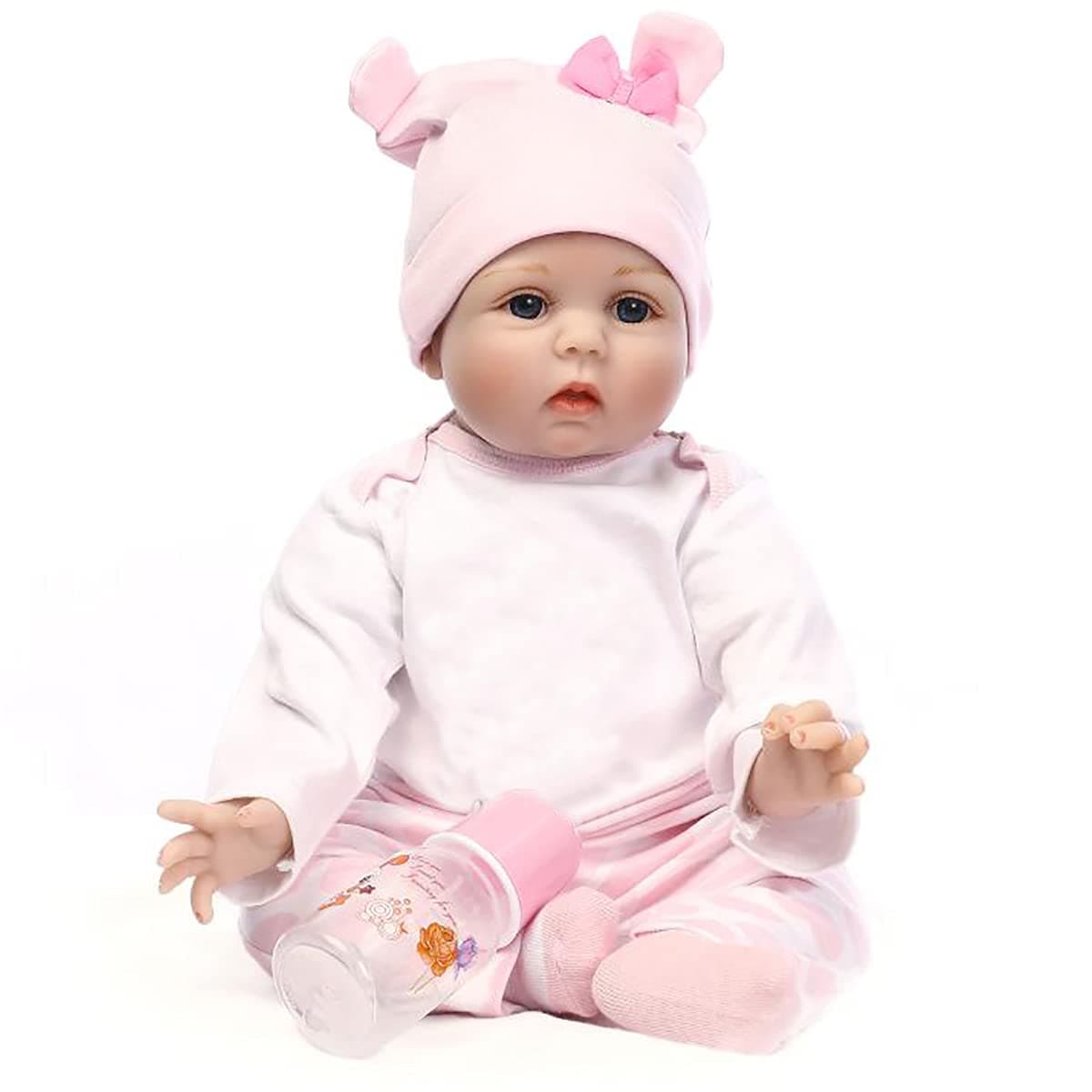 Nicery Reborn Baby Doll Soft Simulation Silicone Vinyl Cloth Body 22 inch 55 cm Lifelike Boy Girl Toy for Ages 3+ Pink Bear Lucy Nicery-RD55C108