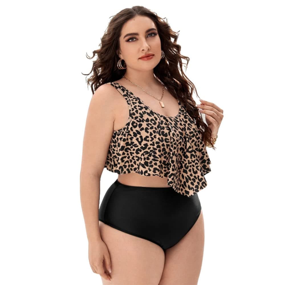 SAEEKOTwo Piece Bathing Suit for Women, Plus Size Swimdress, Ruffle Leopard Print High Waist Bikini Swim Dress