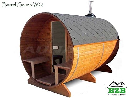 BZBCabins.com Barrel Sauna Kit W26, 4 Person Outdoor Sauna with Harvia M3 Wood Burning Heater
