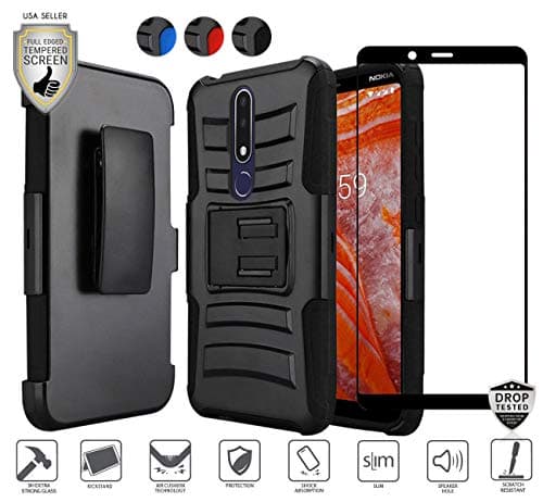 Compatible for Nokia 3.1 Plus Case (Plus Version Only) with Full Edged Tempered Glass Screen Protector, Premium Holster Combo Case [Clip] with Stand [Shockproof] [Armor] [Rugged] Case (Black)