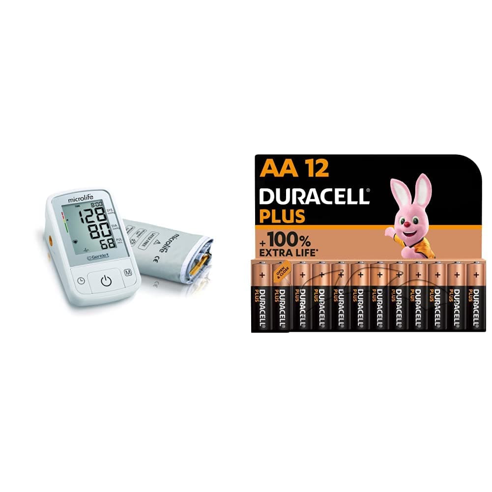 Microlife BPA2-B Microlife A2 Basic Portable Automatic Upper Arm Blood Pressure & Pulse Monitor & Duracell Plus AA Alkaline Batteries [Pack of 12], 1,5V LR6 MN1500