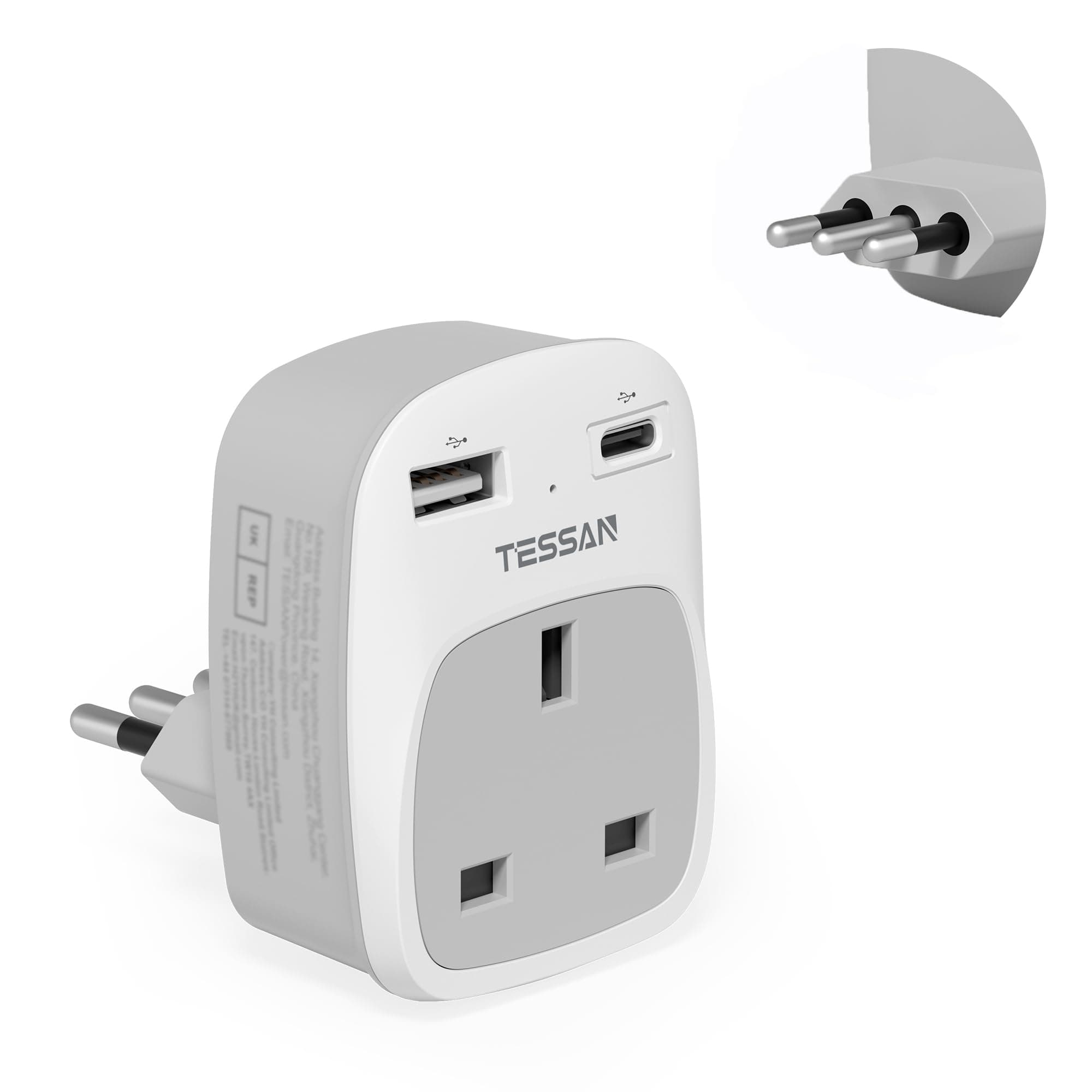 UK to Italy Plug Adapter, TESSAN Grounded Italy Plug Adapter with 2 USB Ports (1 USB C), Italian Travel Adaptor for Chile Ethiopia Libya Syria Tunisia Uruguay (Type L)