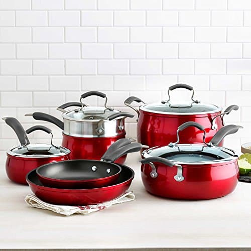 Epicurious Aluminum Nonstick 11-Piece Cookware Set with Impact-bonded Stainless Steel Base, Heavy Usage Cookware, Guaranteed Durable in Red