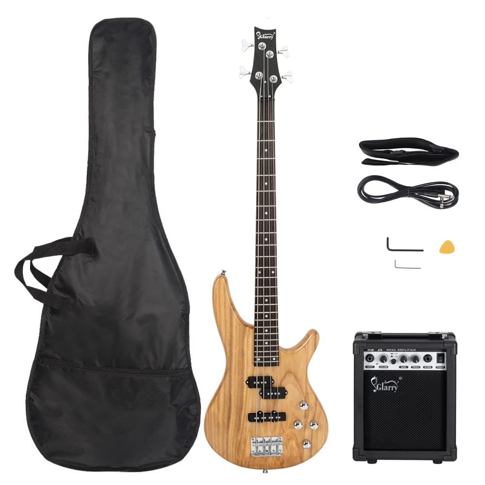 GLARRY GIB Series 4 String Electric Bass Guitar Beginner Kit Full Size with 20W AMP, Strap, Bag and Accessories (Burlywood)